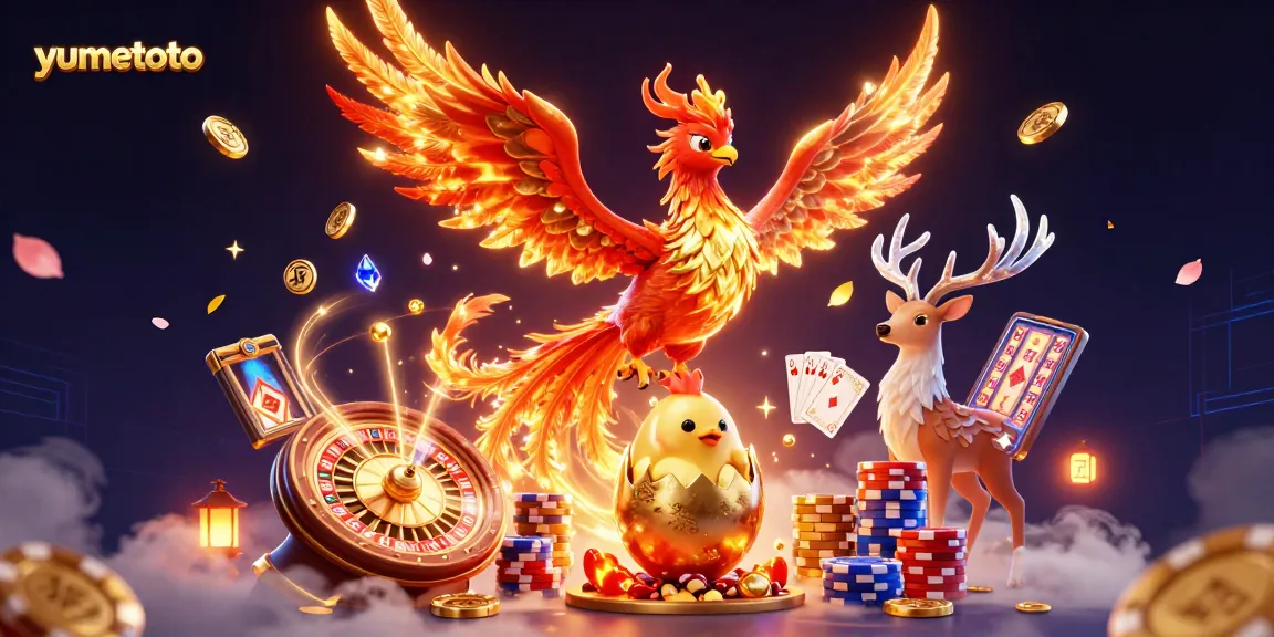 Experience thrilling gameplay at yumetoto with dynamic visuals of phoenixes, coins, and casino elements.