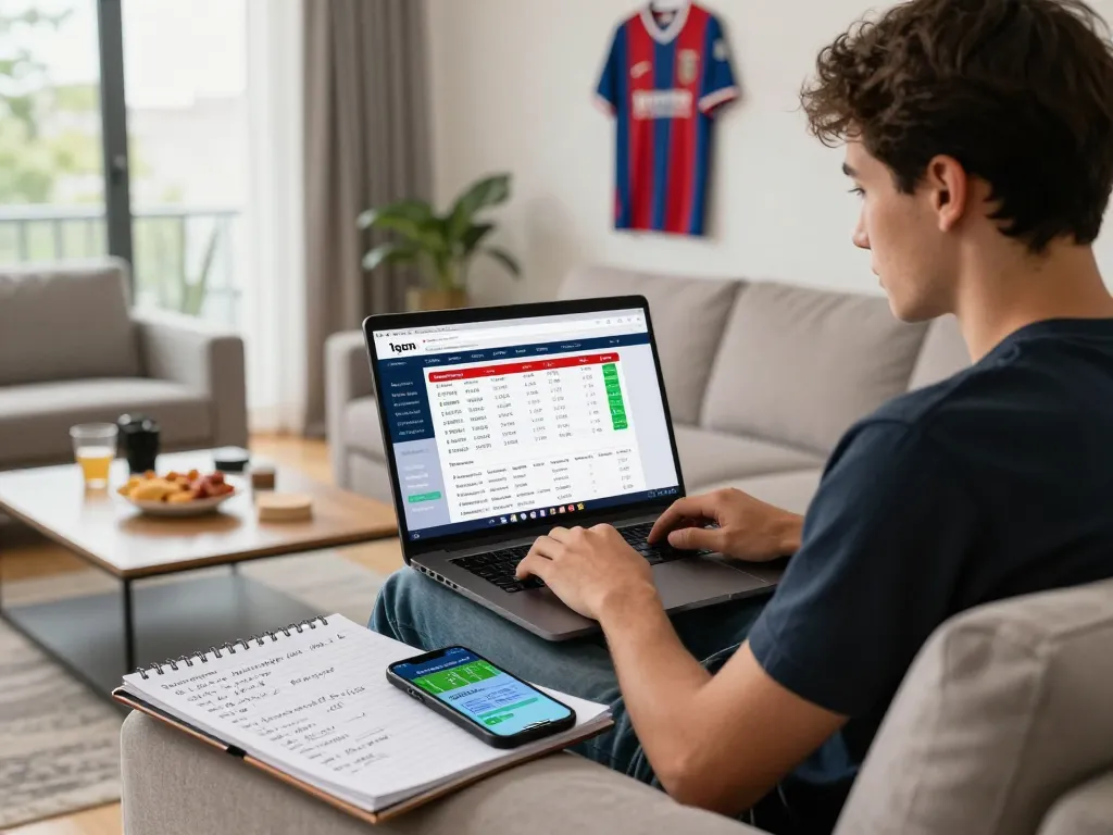 1gom sports betting analysis with live match stats and notes in a cozy living room.