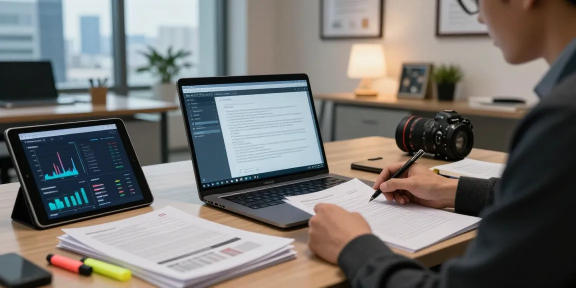 Investigator conducting document fraud detection analysis in a modern office.