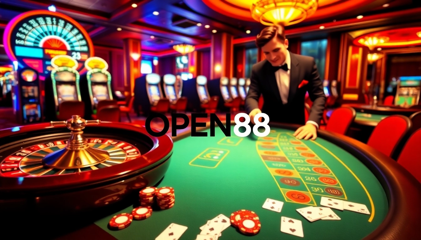 OPEN88 casino atmosphere with a roulette wheel, poker tables, and vibrant gaming lights.