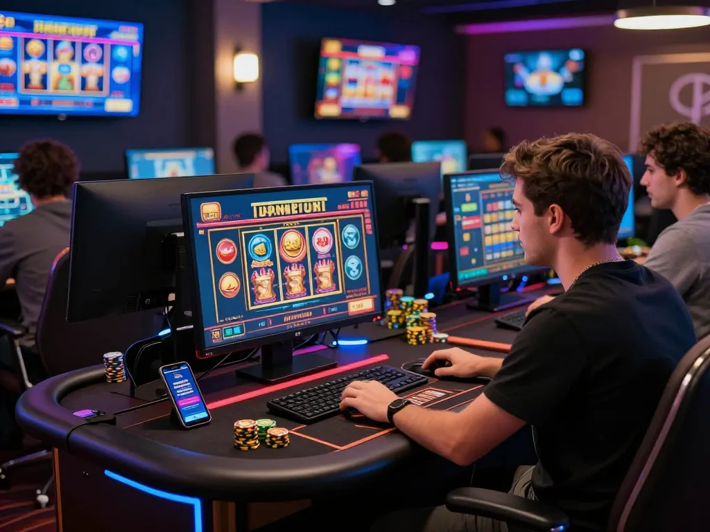 Player enjoying mmoo online casino gaming experience at modern desktop setup with vibrant graphics.