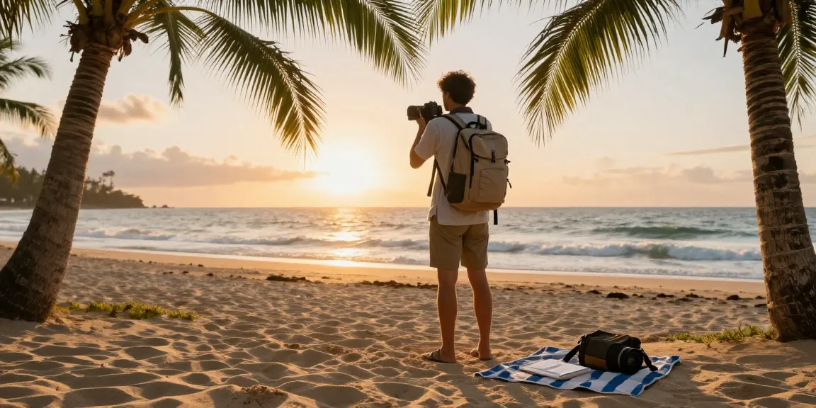 Travel blog scene of a traveler capturing sunset on the beach, embodying adventure and exploration.