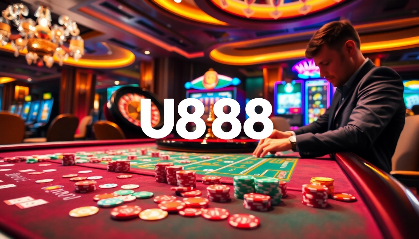 Engaging scene of U888 casino atmosphere showcasing strategic poker actions and vibrant gaming elements.