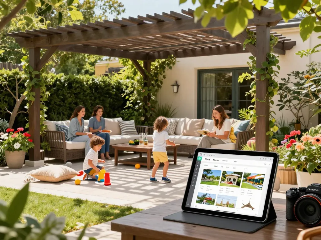 Custom pergola configurator design scene featuring a family enjoying the outdoors under a stylish pergola.