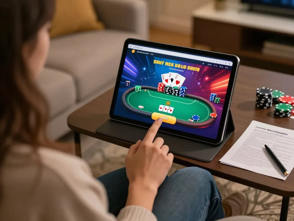 Engaging in a b52 poker game on a tablet, showcasing strategic gameplay in a cozy setting.
