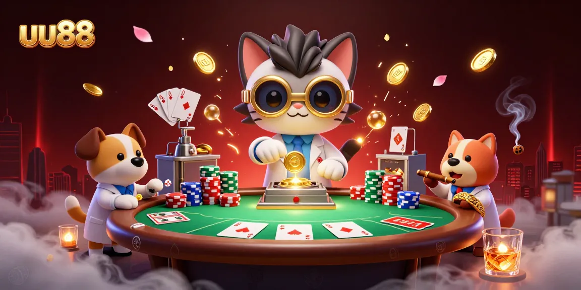 Join the fun at uu88 with cartoon characters creating casino magic in a vibrant gaming lab.
