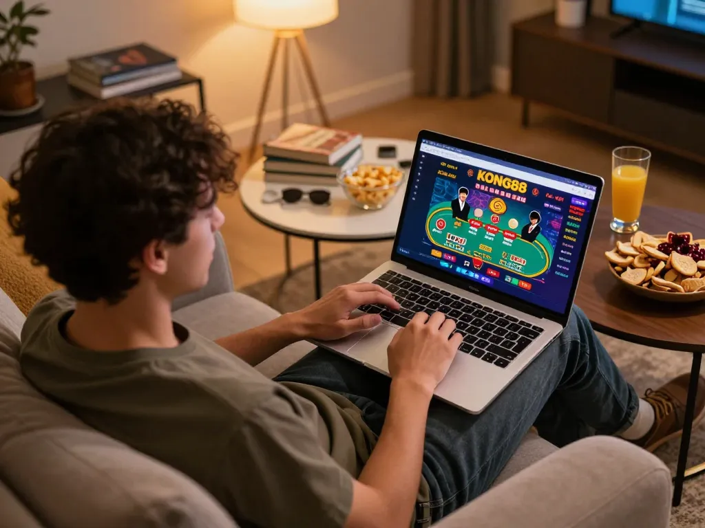 KONG88 offers a vibrant online casino experience with players engaging in live dealer games from home.