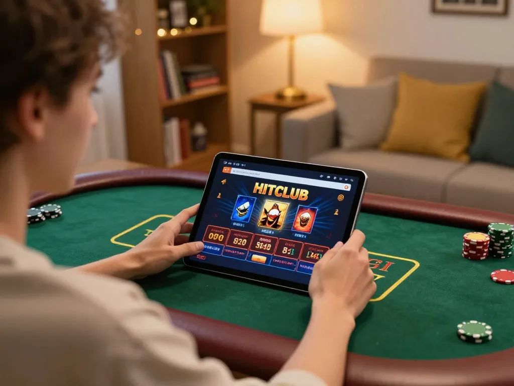 Engaging with HITCLUB online casino interface on a tablet in a cozy home setting.