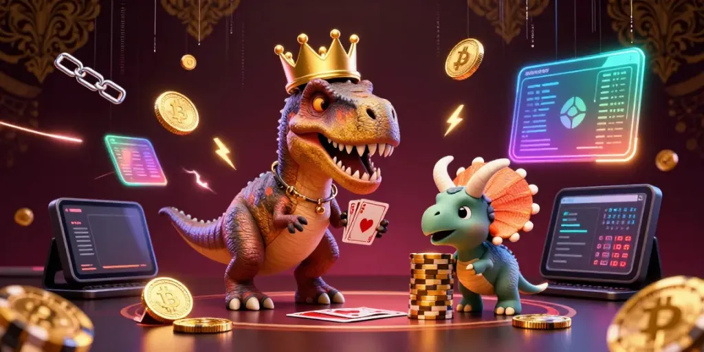 Engage in thrilling casino games at ML88 with a vibrant scene of a T-Rex shuffling cards and stacking gold chips.