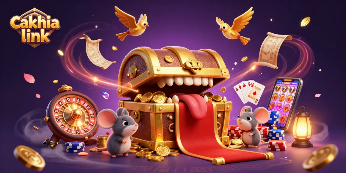Experience the excitement of cakhia link with vibrant gaming elements and treasure illustration.