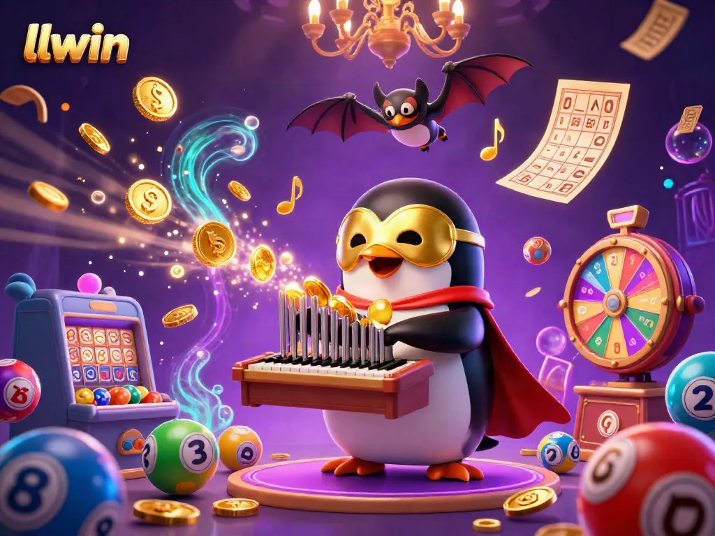 Join the excitement at llwin with a vibrant casino scene featuring a cartoon penguin playing a golden organ and an acrobat.