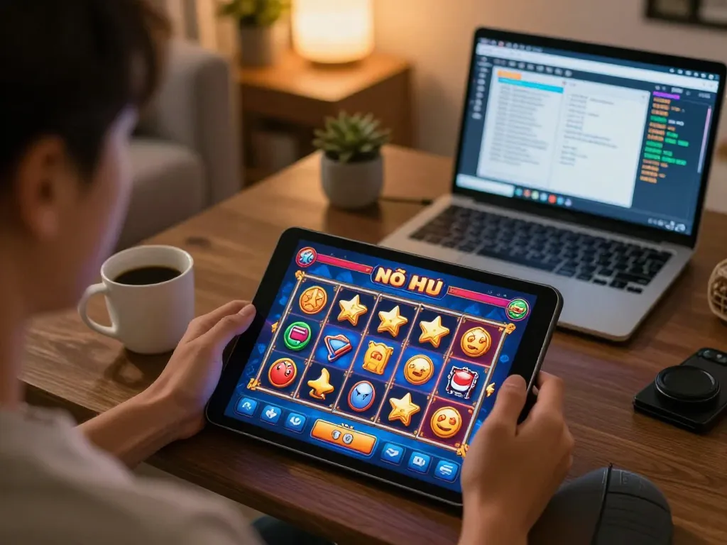 NohuVN players enjoying Nổ Hũ game on tablets in a cozy home setting.