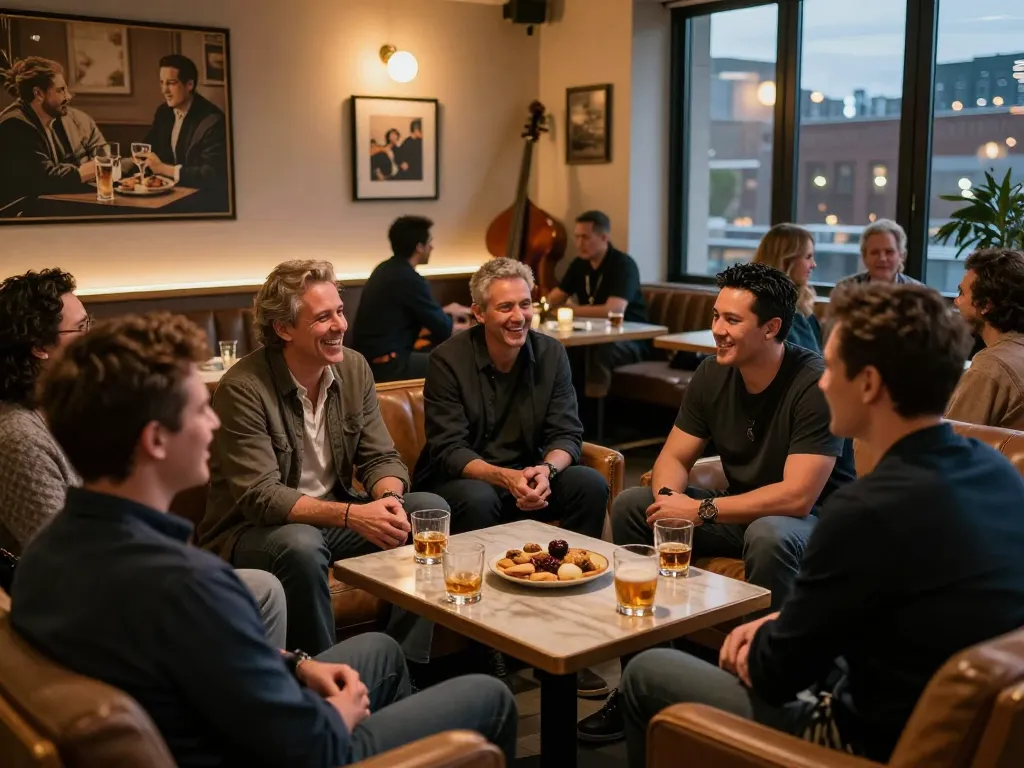 Men club gathering in a cozy urban lounge, sharing laughter and stories.