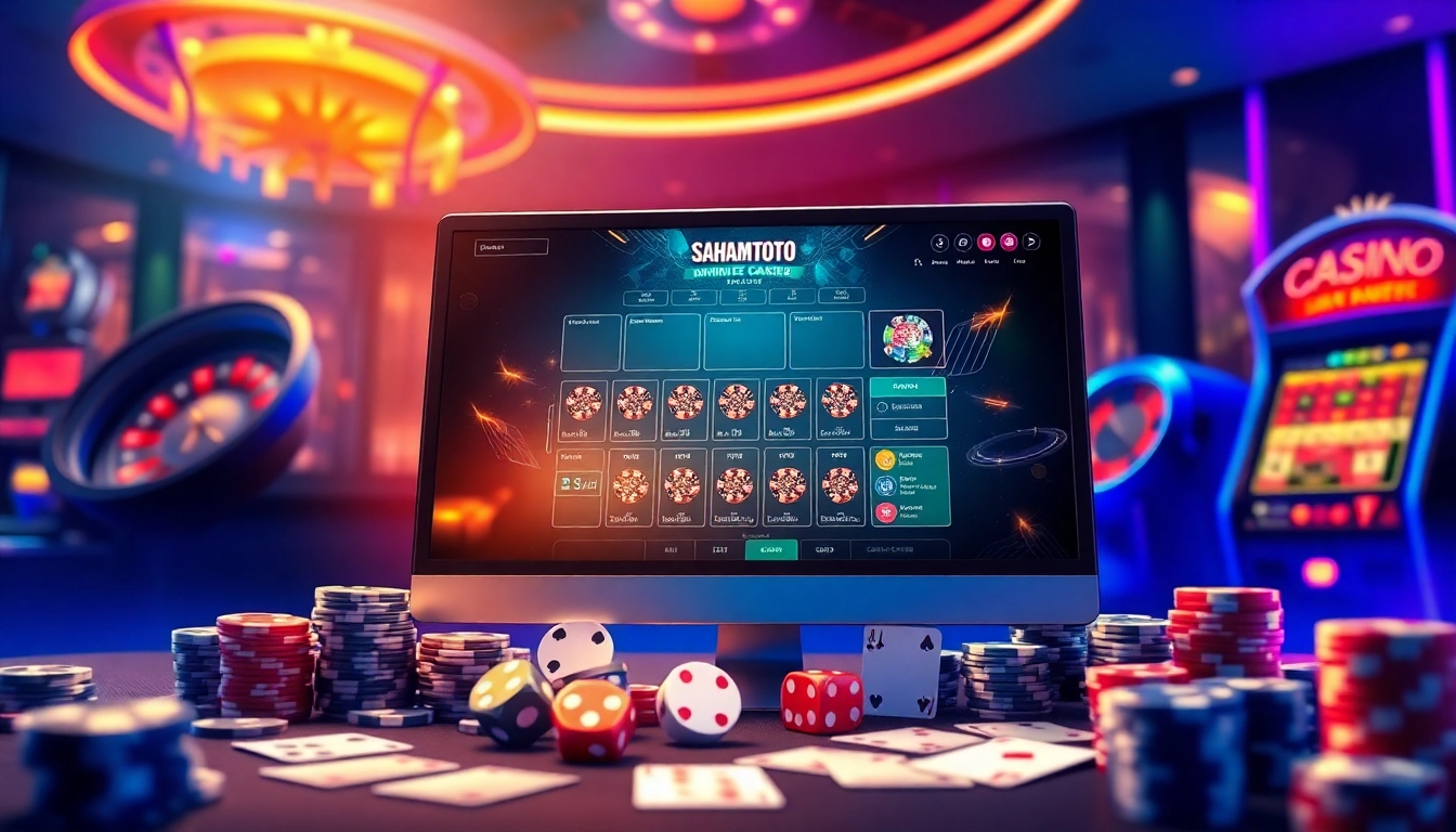 Sahamtoto platform showcasing thrilling online gambling with poker cards, chips, and roulette.