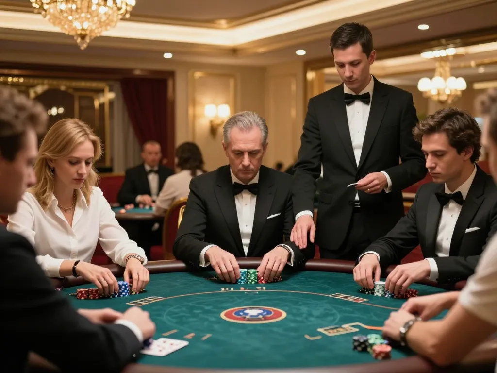VIN88 poker players strategizing in an upscale high-roller room with luxury ambiance