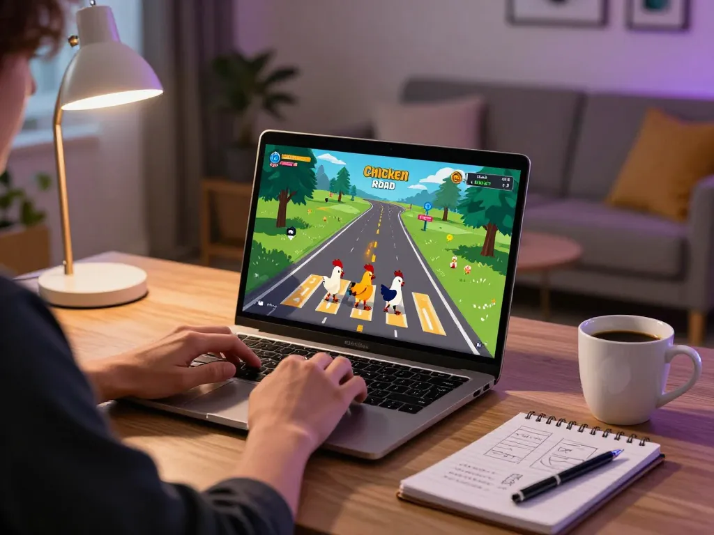 Giocatore coinvolto che si diverte con le recensioni di Chicken Road in un accogliente setup di gioco online con strategie.