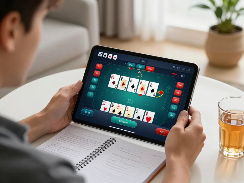 Player engaging with FABET's online poker game on a tablet, showcasing strategic gameplay.