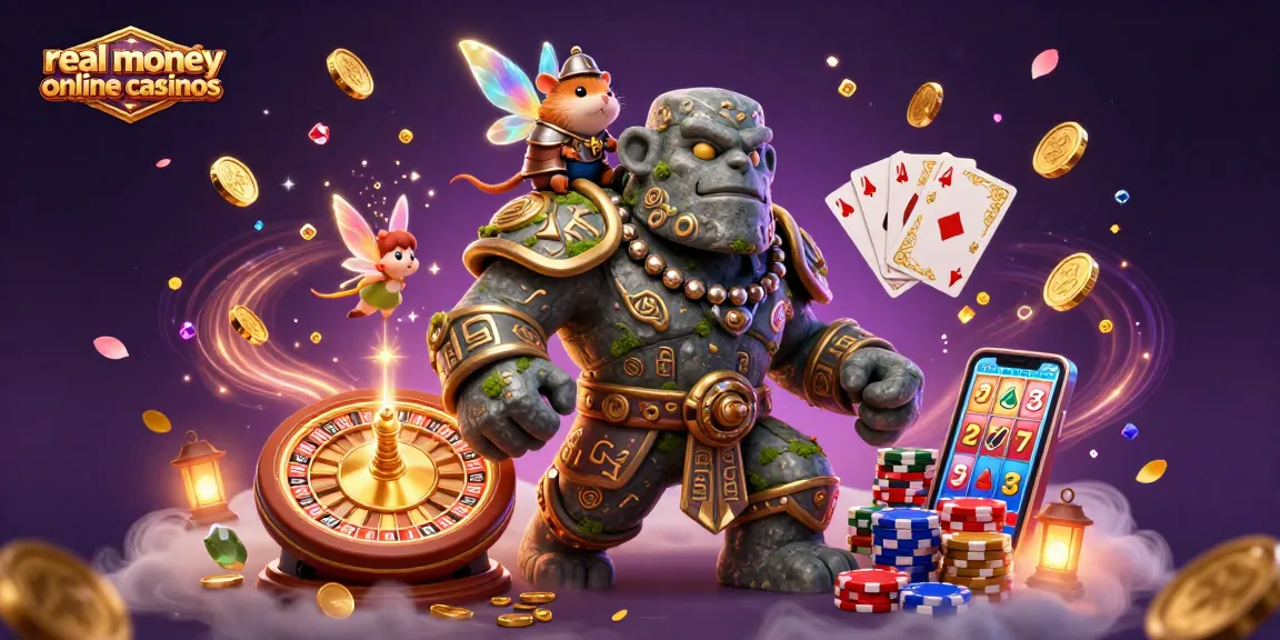 Experience the thrill of real money online casinos with dynamic scenes of vibrant gameplay and enchanted characters.