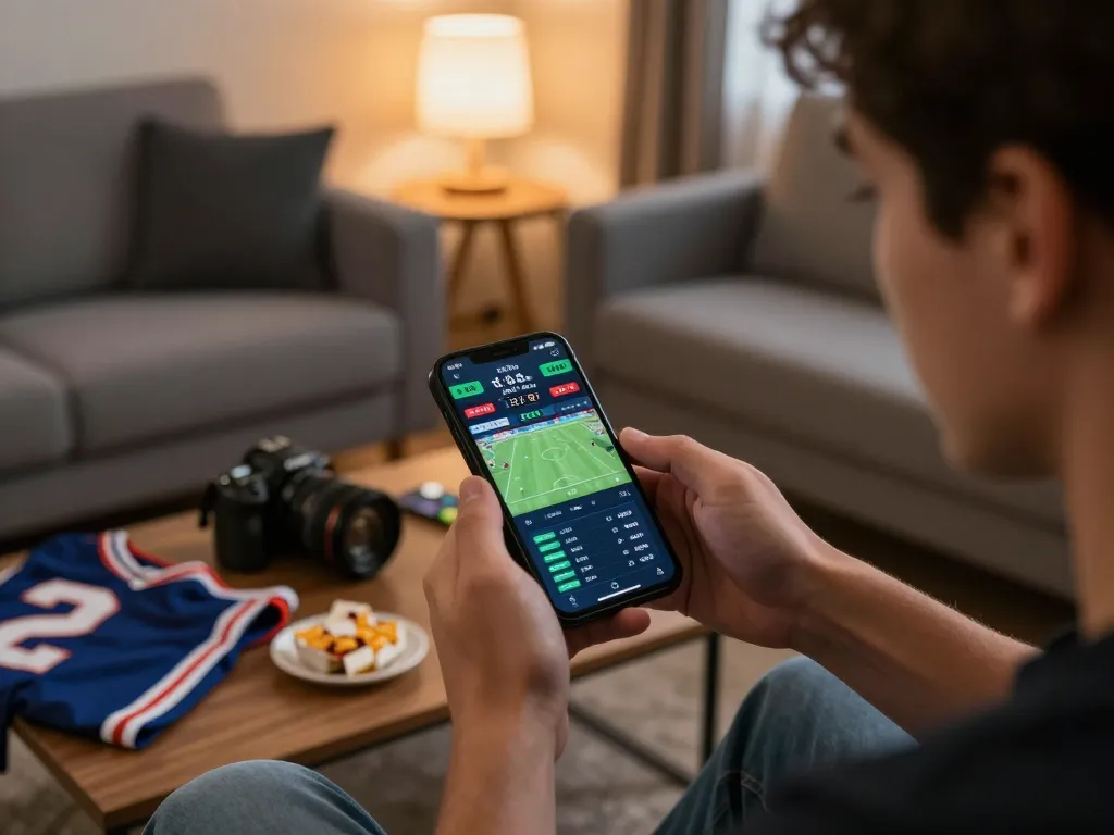 J188 mobile sports betting with focused player analyzing live odds and excitement in a cozy home.