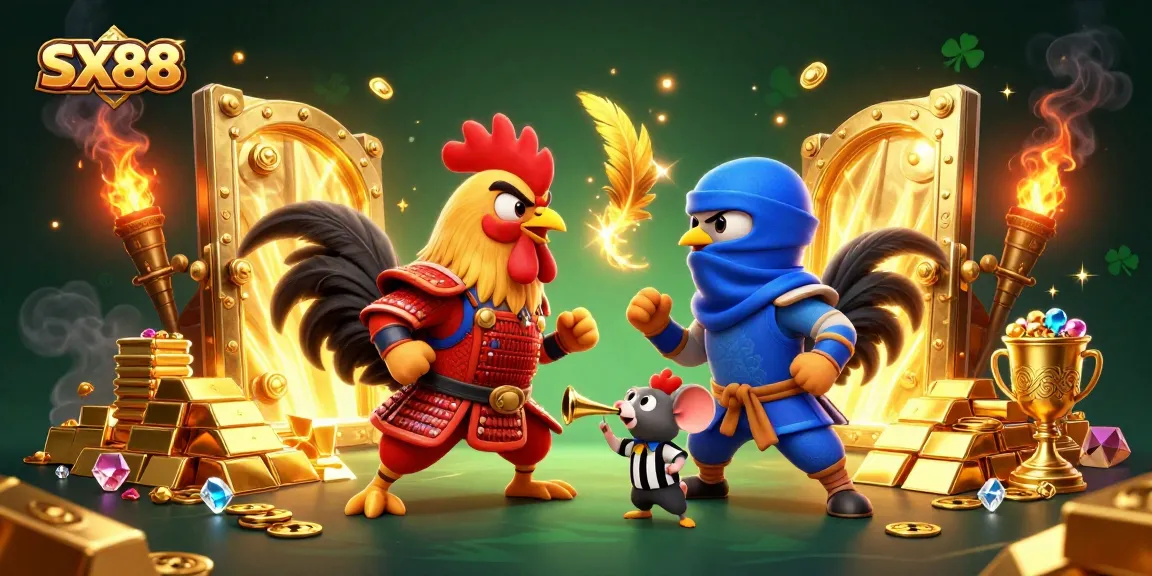 SX88 showcases twin combat roosters in a captivating standoff amidst a treasure-filled backdrop