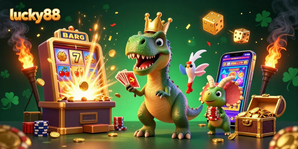 Engage in thrilling slots gameplay at lucky88 with a vibrant casino scene showcasing a cartoon T-Rex and colorful elements.