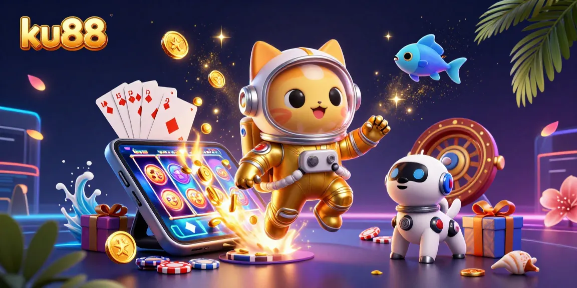 Engaging ku88 slots game experience with a golden astronaut cat and a robot dog in a cosmic adventure.
