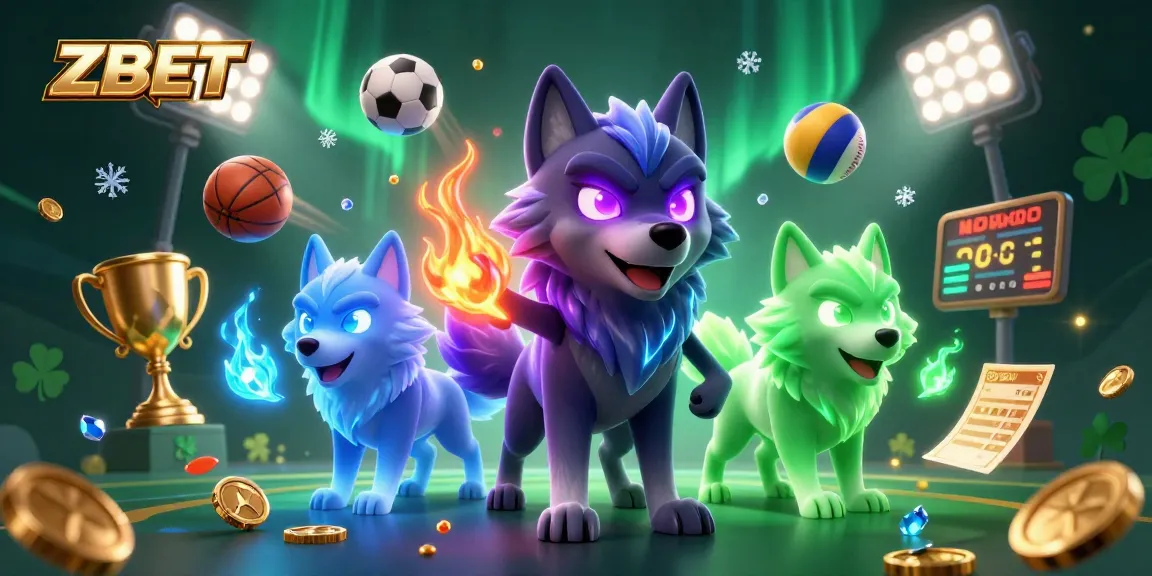 Engage with ZBET's thrilling sports betting experience featuring vibrant 3D wolves and dynamic sports elements.
