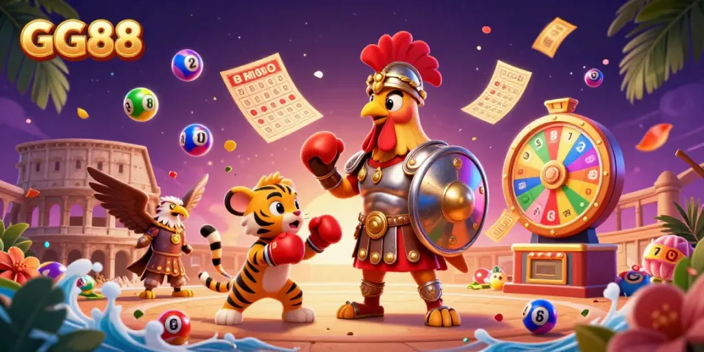 Engage with GG88 at the exciting online casino where a 3D rooster and tiger cub stir up vibrant gaming action.