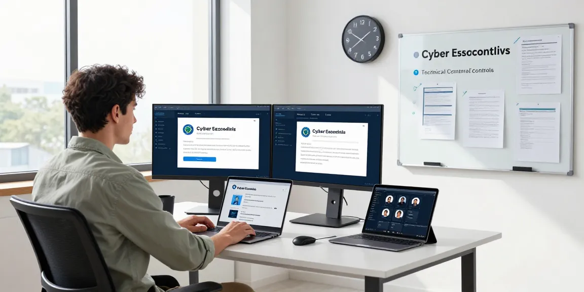 Technician monitoring Cyber Essentials compliance metrics in a modern workspace, displaying professional cybersecurity practices.