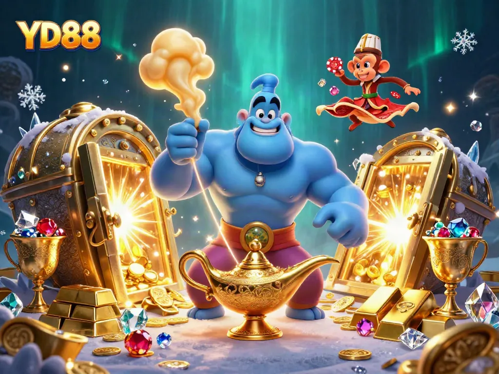 Spin the reels with YD88: A vibrant 3D illustration of a genie and treasures surrounded by dazzling casino elements.
