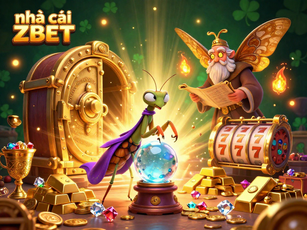 Engage with the mystical charm of nhà cái ZBET in this vibrant 3D casino scene filled with treasures.