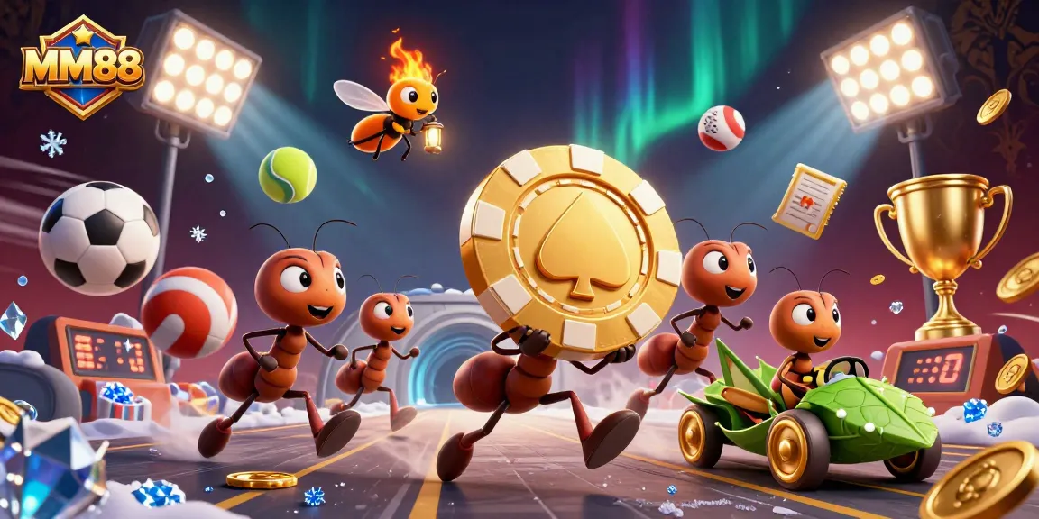 Experience the thrill of MM88 with cartoon ants on a poker chip heist, dynamic sports action!