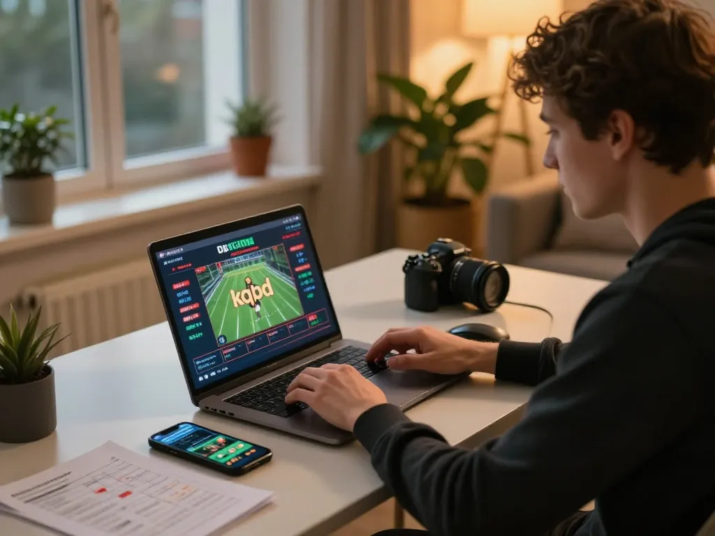 Player engaging in online gambling on kqbd with live dealer game on their laptop, showcasing excitement.