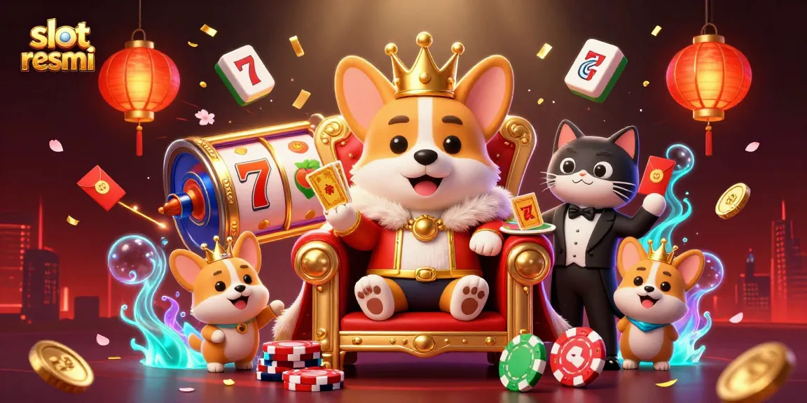 Permainan slot resmi menampilkan corgi kerajaan dengan mahkota emas dan kartu emas dalam suasana kasino yang megah.