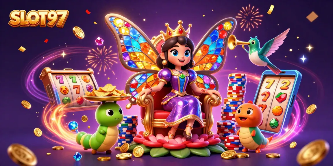 SLOT97 captivates with vibrant casino illustration featuring a butterfly queen, playing cards, and golden slot reels.