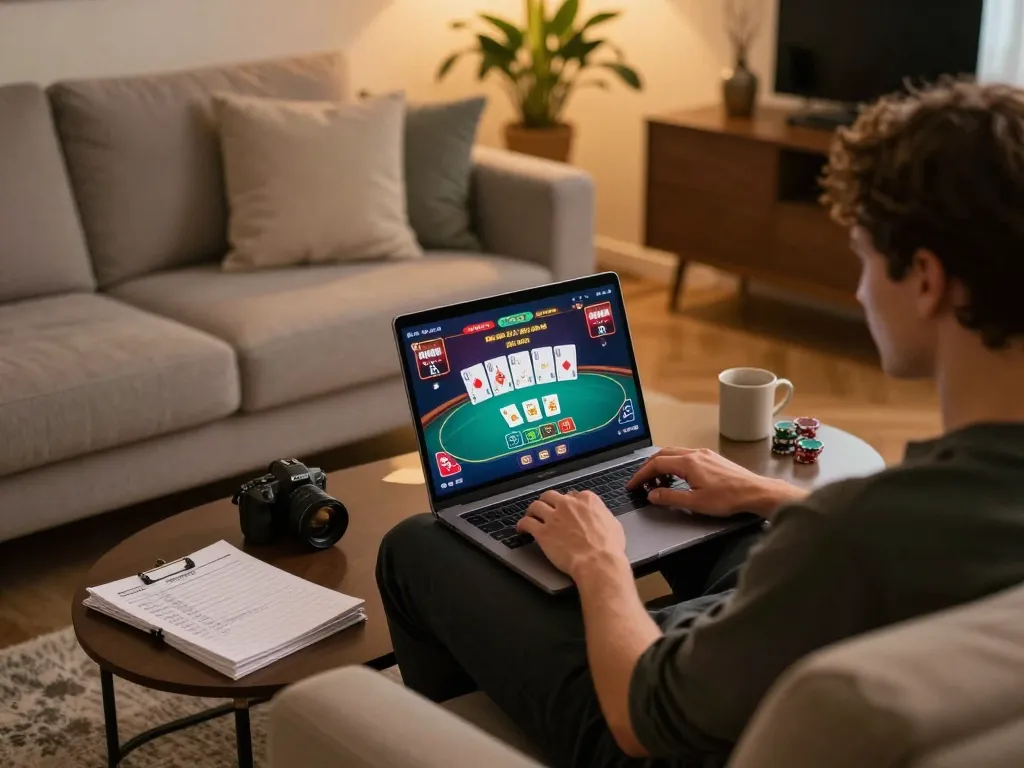 Engaged player enjoying poker online at 678vip's casino interface, showcasing strategy and comfort