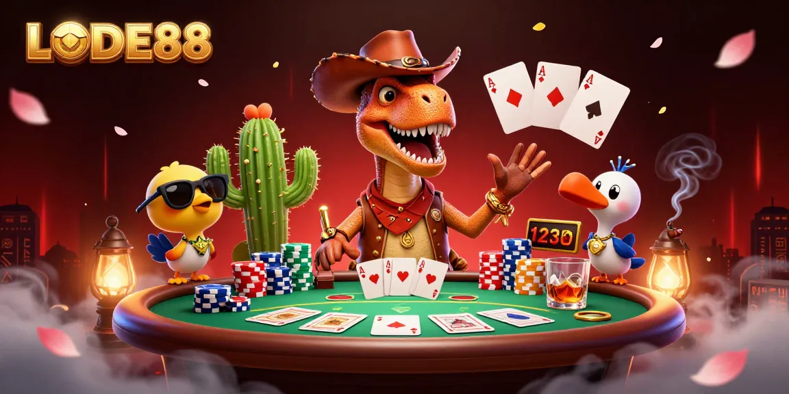 Engage in thrilling gaming adventures at LODE88 with cartoon T-Rex and poker elements