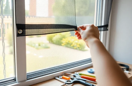 Instalación de mosquiteras en una ventana, mostrando detalles y ajustes precisos.