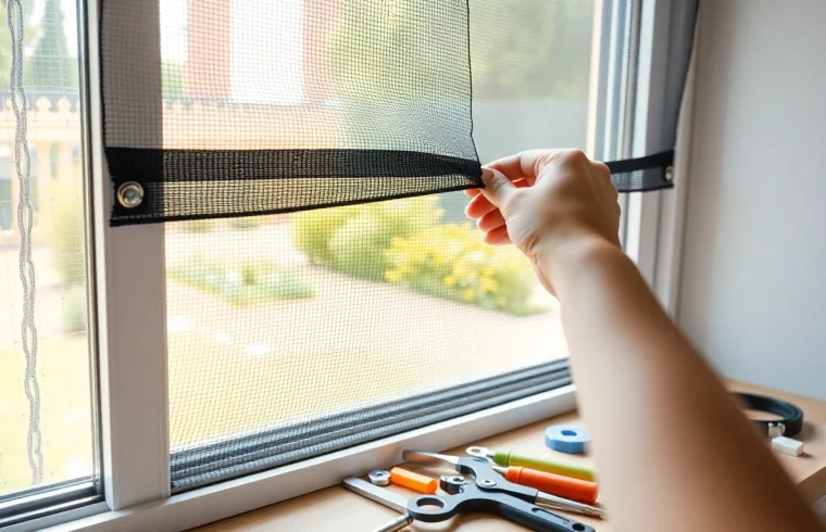 Instalación de mosquiteras en una ventana, mostrando detalles y ajustes precisos.