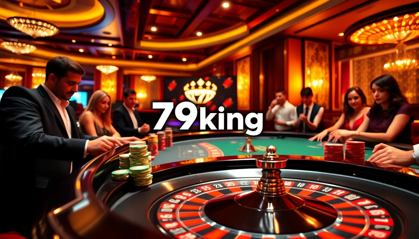 Players enjoying thrilling games at 79king's luxurious casino tables, surrounded by excitement.