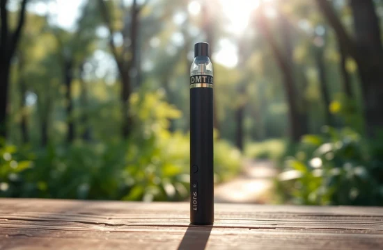 Buy DMT vape pen presented stylishly with tranquil nature backdrop emphasizing its allure.