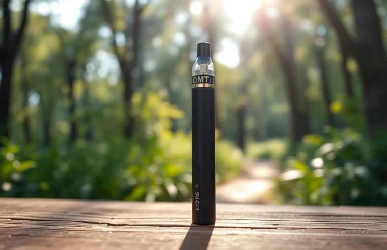 Buy DMT vape pen presented stylishly with tranquil nature backdrop emphasizing its allure.