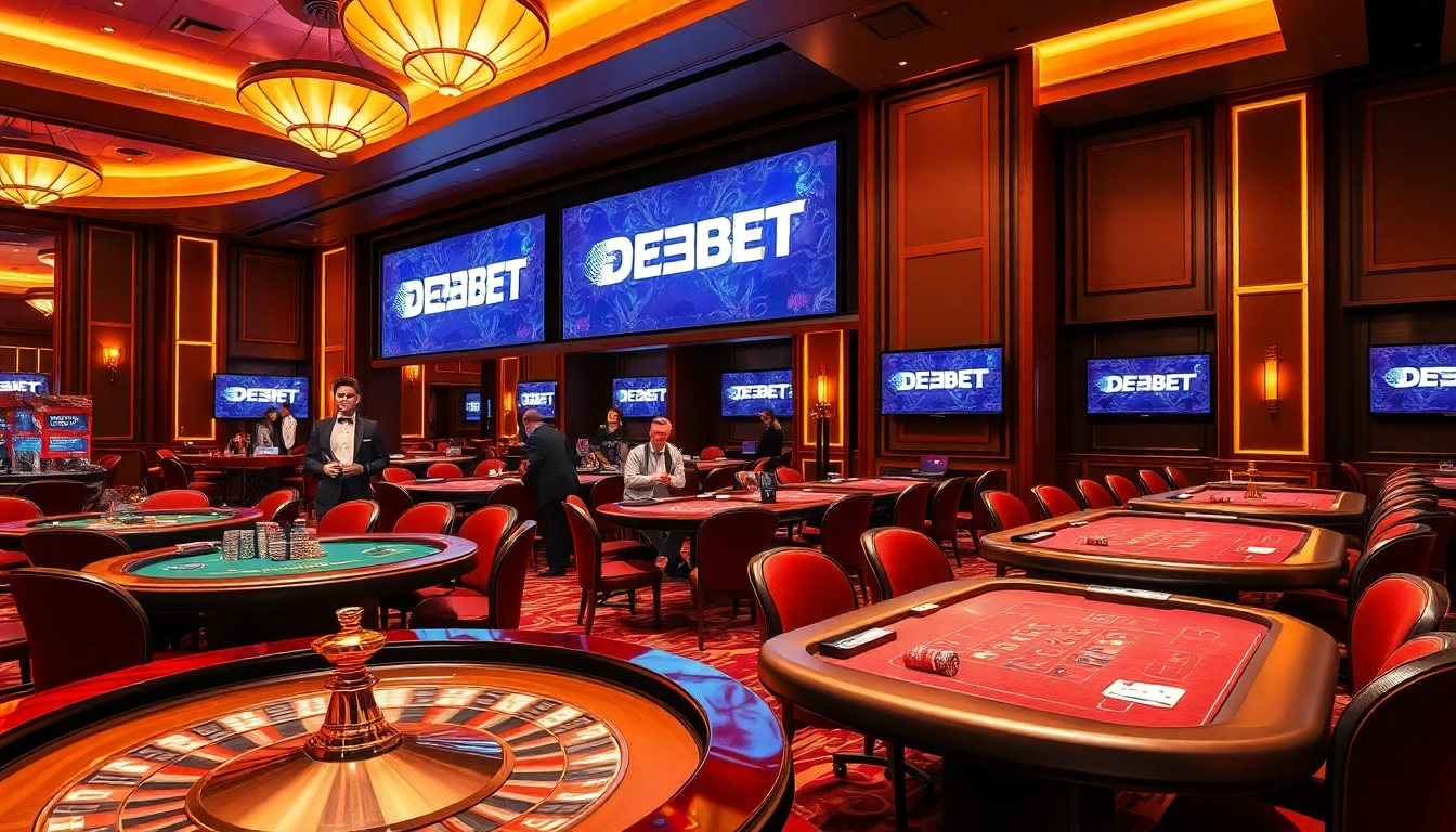 Experiencing the luxurious ambiance of a DEBET casino gaming room with roulette and poker.