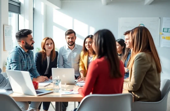 Team collaborating on digital marketing strategies in a modern office environment.
