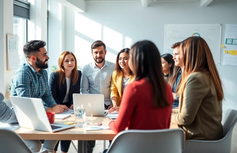 Team collaborating on digital marketing strategies in a modern office environment.