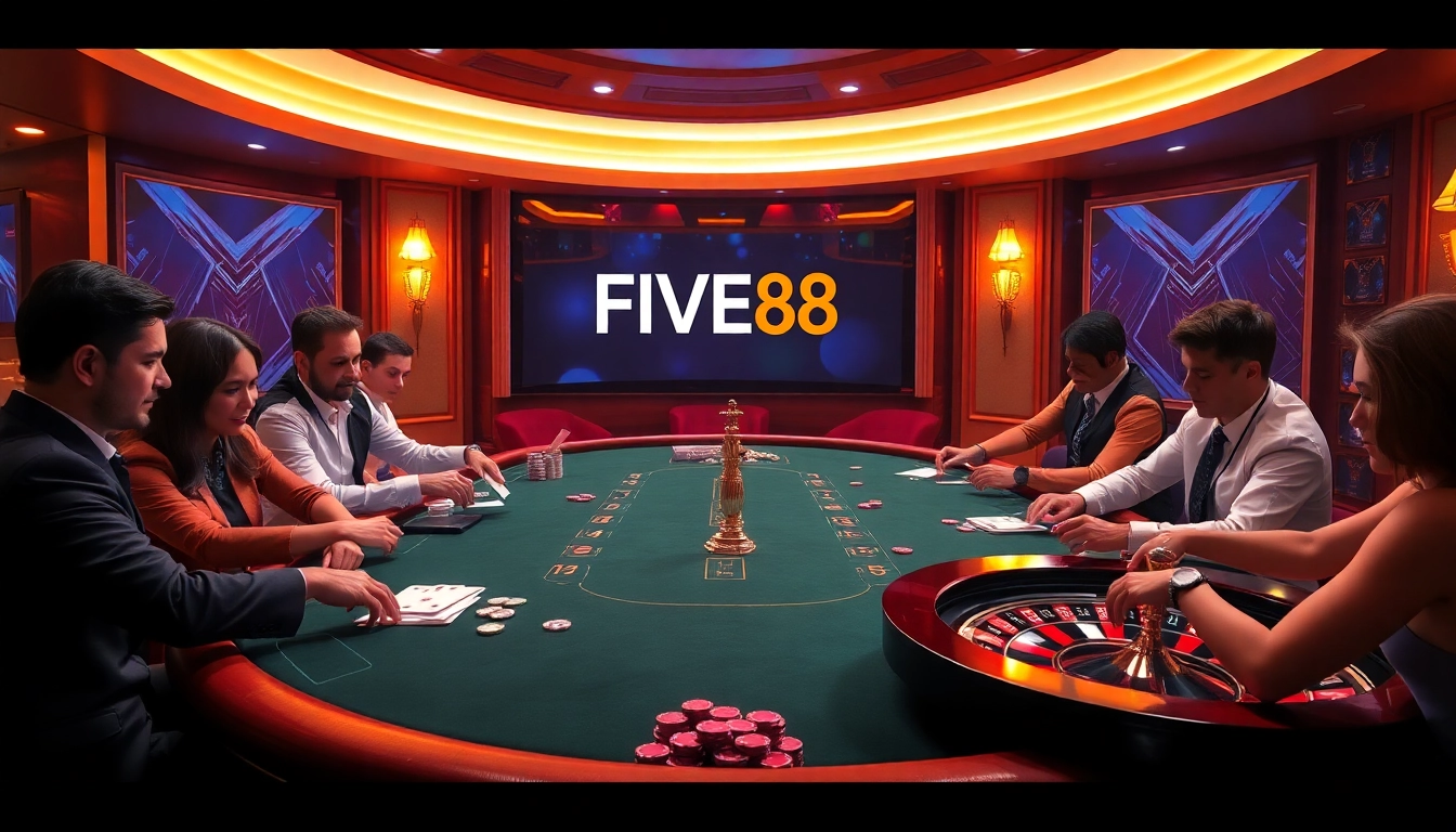 Experience FIVE88 with players enjoying a vibrant casino atmosphere at a luxurious poker table.