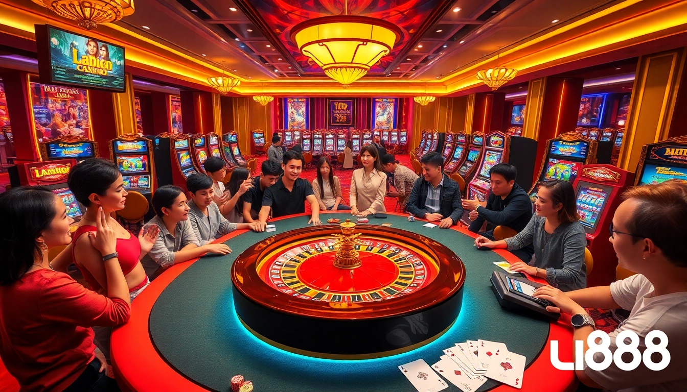 Exciting gaming scene at u888 casino with roulette and vibrant slot machines.