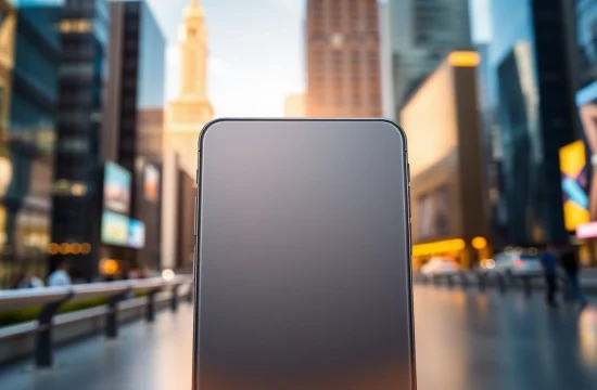 Disfruta del iPhone 17 Pro Max en un entorno urbano moderno, destacando su diseño elegante.