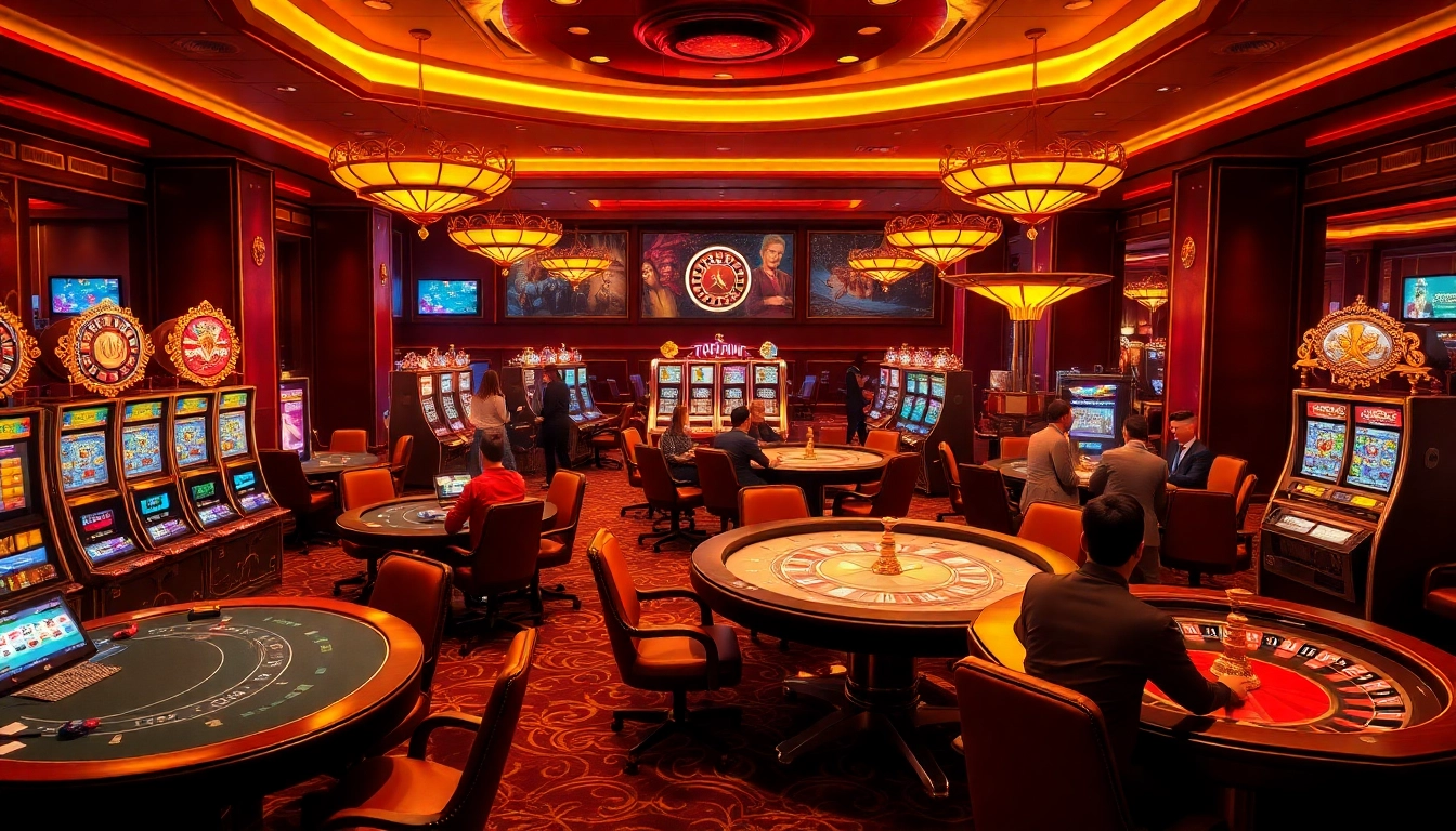 Players enjoying an exciting game at 789win casino tables, surrounded by vibrant slot machines.