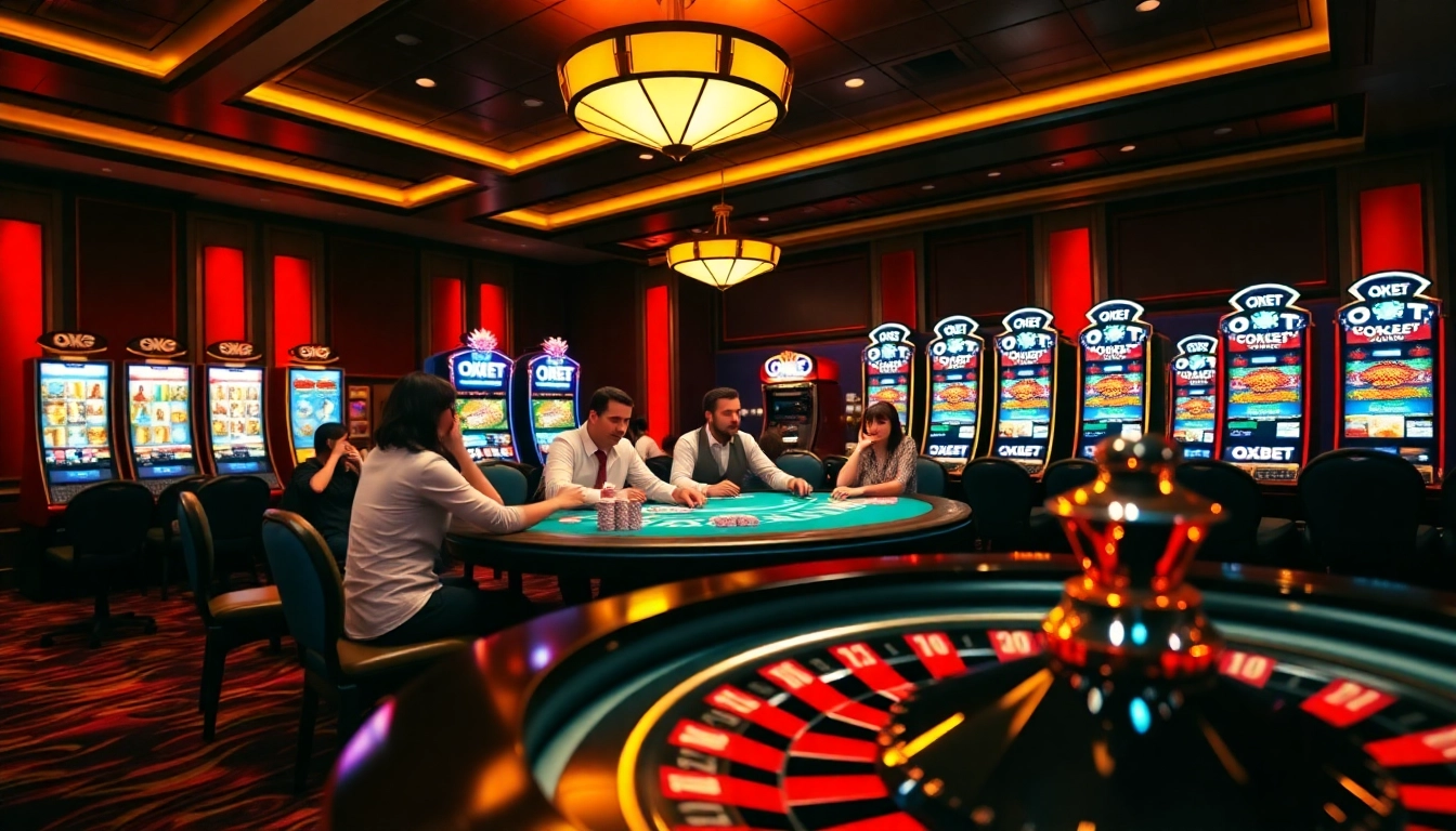 Players enjoying high-stakes poker at OXBET with vibrant casino atmosphere and luxury elements.